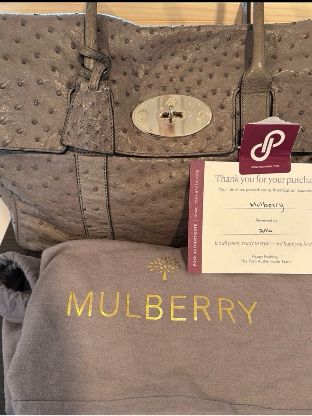 Mulberry grey Ostrich-Textured Satchel with Gold Hardware - Picture 8 of 10